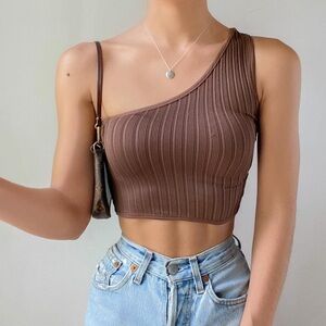 Urban Outfitters Chocolate Ribbed One-Shoulder Crop Top